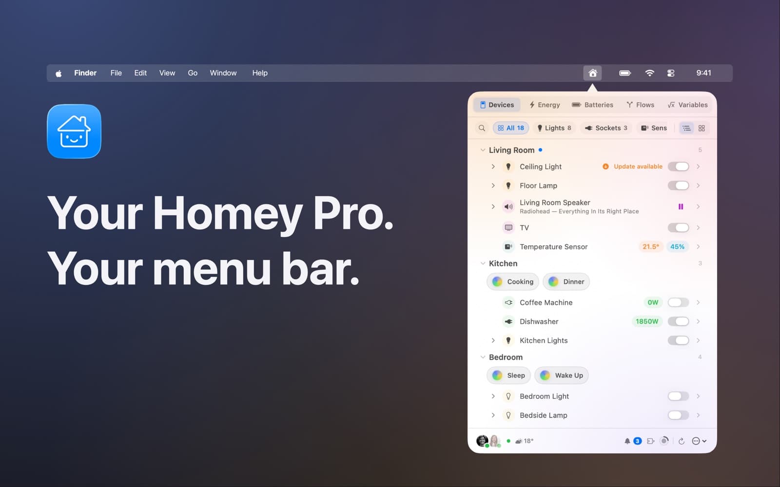 HomeBar for Homey Pro: Control your Homey Pro smart home from the Mac menu bar.